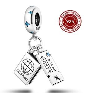 S925 Sterling Silver "Ticket & Passport" Dangling Bracelet Charm, Travel Charm
